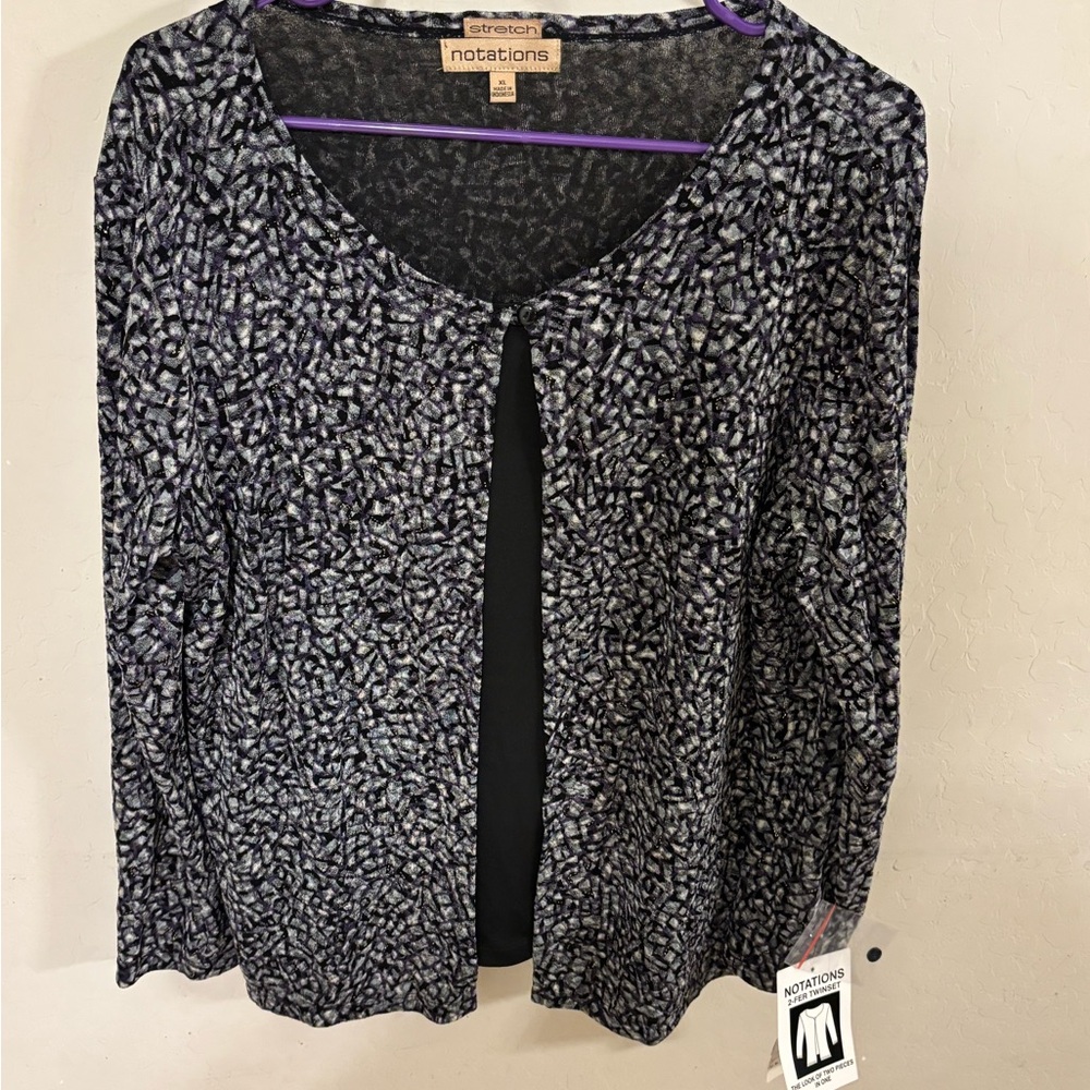 Notations Black and Gray Open-Front Patterned Cardigan